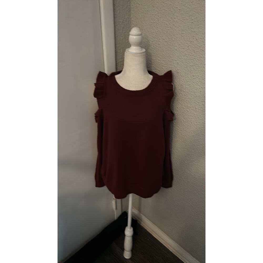 Love Riche Ruffled Wine Cold Shoulder Sweater L Cozy Comfy Winter Casual Fall